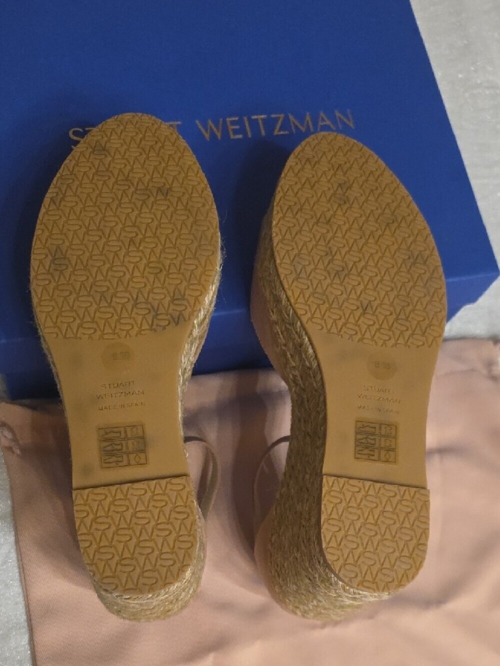 Stuart Weitzman Leather Blush Tan Espadrille Wedge Sandals with Ankle Strap 8.5 - Picture 11 of 16